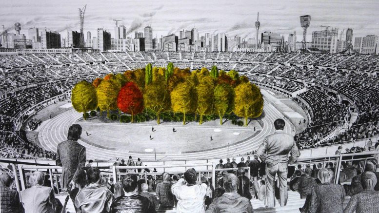 Wald in einem Sportstadion Zeichnung von Max Peintner