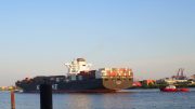 Das Containerschiff NYK Venus auf der Elbe im Hamburger Hafen mit Schleppern
