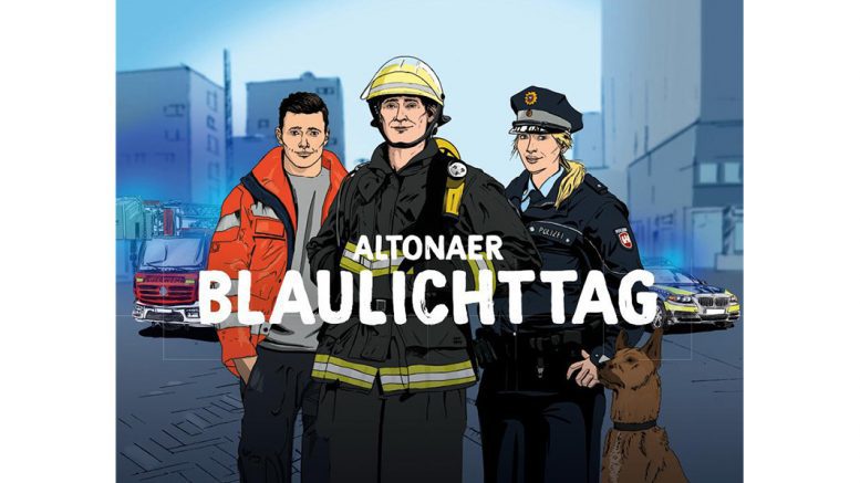 Motiv für den Altonaer Blaulichttag, Sanitäter, Feuerwehrmann, Polizistin mit Hund als Zeichnung