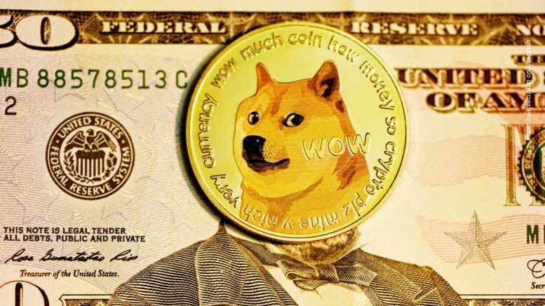 Dogcoin Münze und Dollar Note