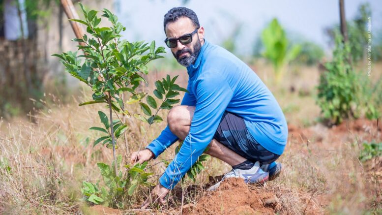 Mann mit Sonnenbrille in blauen Shirt pflanzt einen Baum