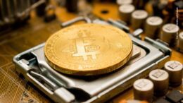 Bitcoin Münze auf einem Mikroprozessor